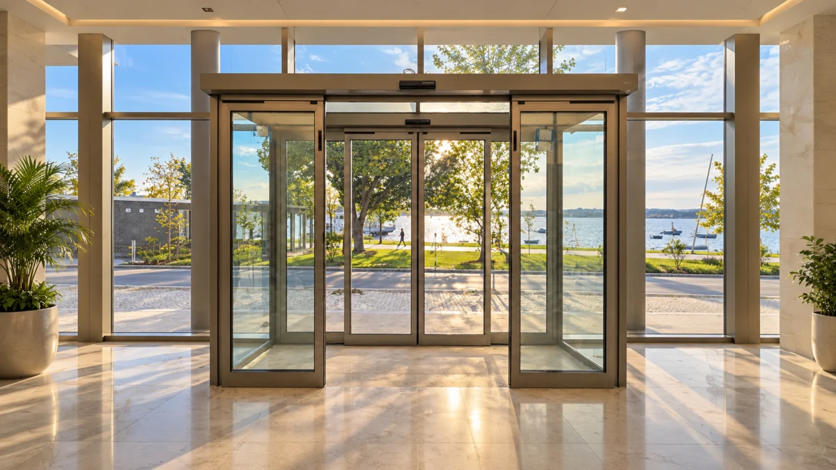 Antecâmara de entrada de um hotel no Seixal com portas automáticas GU econoMaster e caixilho Refral RF-Breakout anodizado em cor especial, com vista para o rio