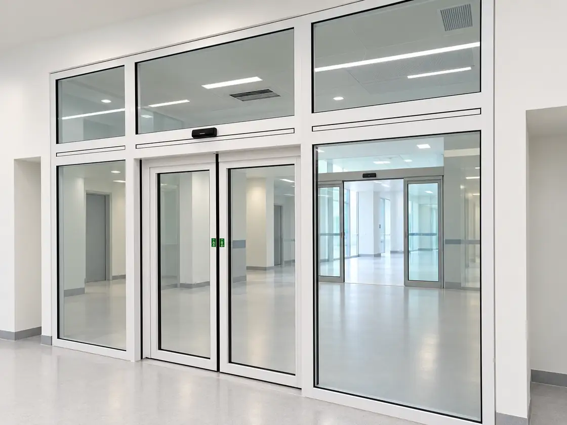 Porta automática de vidro corta-fogo Doorson 500 EFS EI 60 com duas folhas móveis, fixos laterais e bandeira, num corredor de um centro de saúde em Guimarães