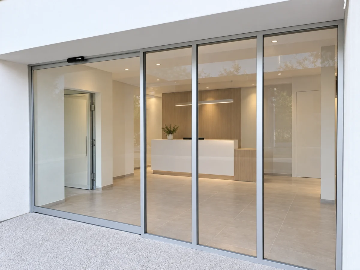 Porta automática deslizante GU econoMaster de duas folhas fixas e duas móveis com caixilho Refral RF-Large, na entrada de um edifício de escritórios com a receção ao fundo