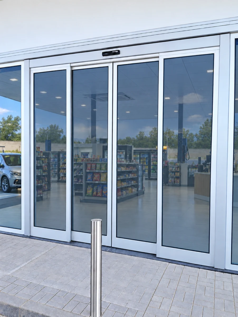 Porta automática deslizante de quatro folhas GU econoMaster com caixilho Refral RF-Térmico na loja de uma estação de serviço