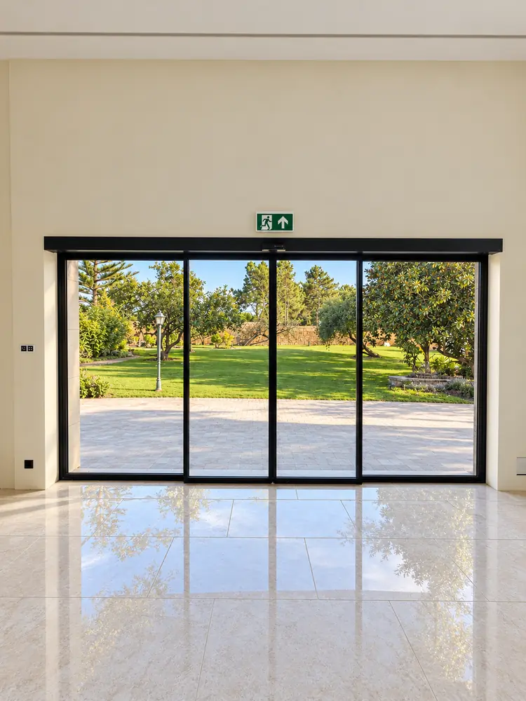 Porta automática deslizante redundante com caixilho Refral RF34 numa saída de emergência sinalizada, com vista para o jardim de uma quinta de eventos