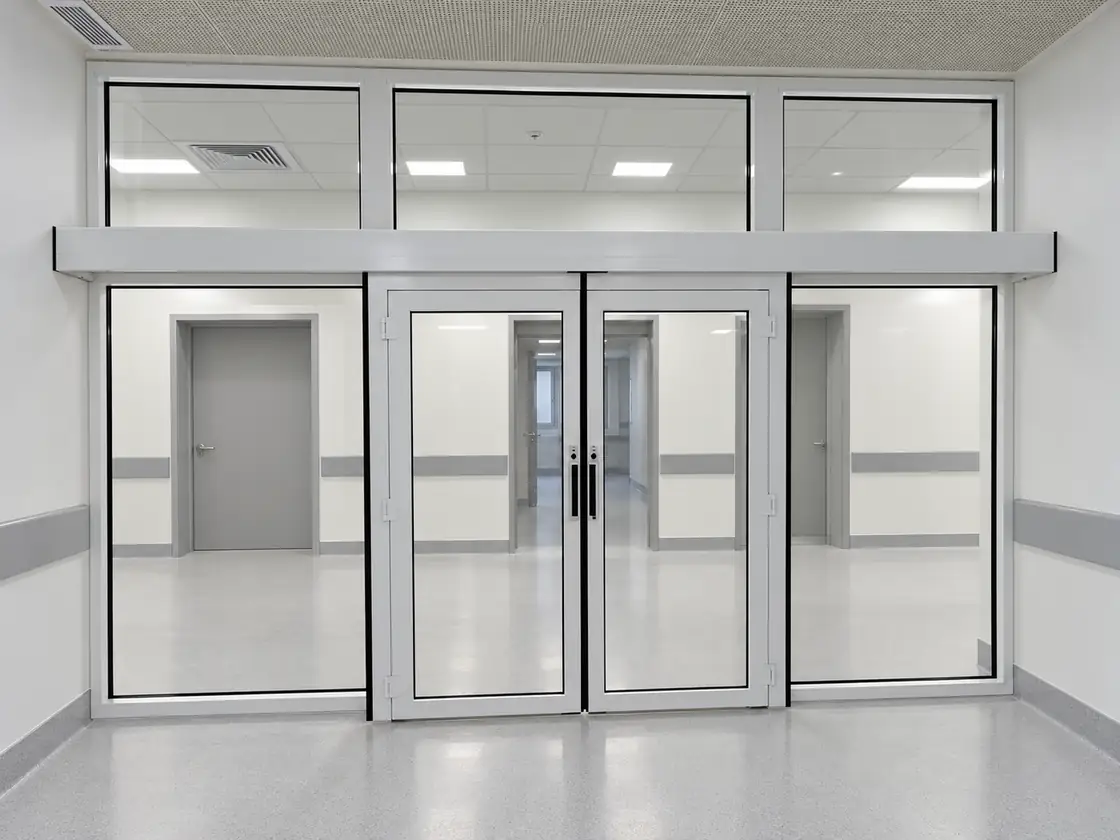 Lado oposto à fuga da porta corta-fogo Doorson 500 EFS, com dobradiças nas folhas móveis e puxadores embutidos, num centro de saúde em Guimarães