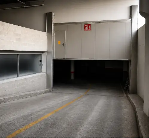 Porta corta-fogo de guilhotina na entrada de um parque de estacionamento