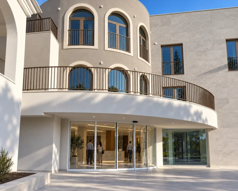 Porta automática curva CurveSlide da Refral na entrada semicircular de um hotel de luxo em Vale do Lobo, sob a varanda curva da fachada