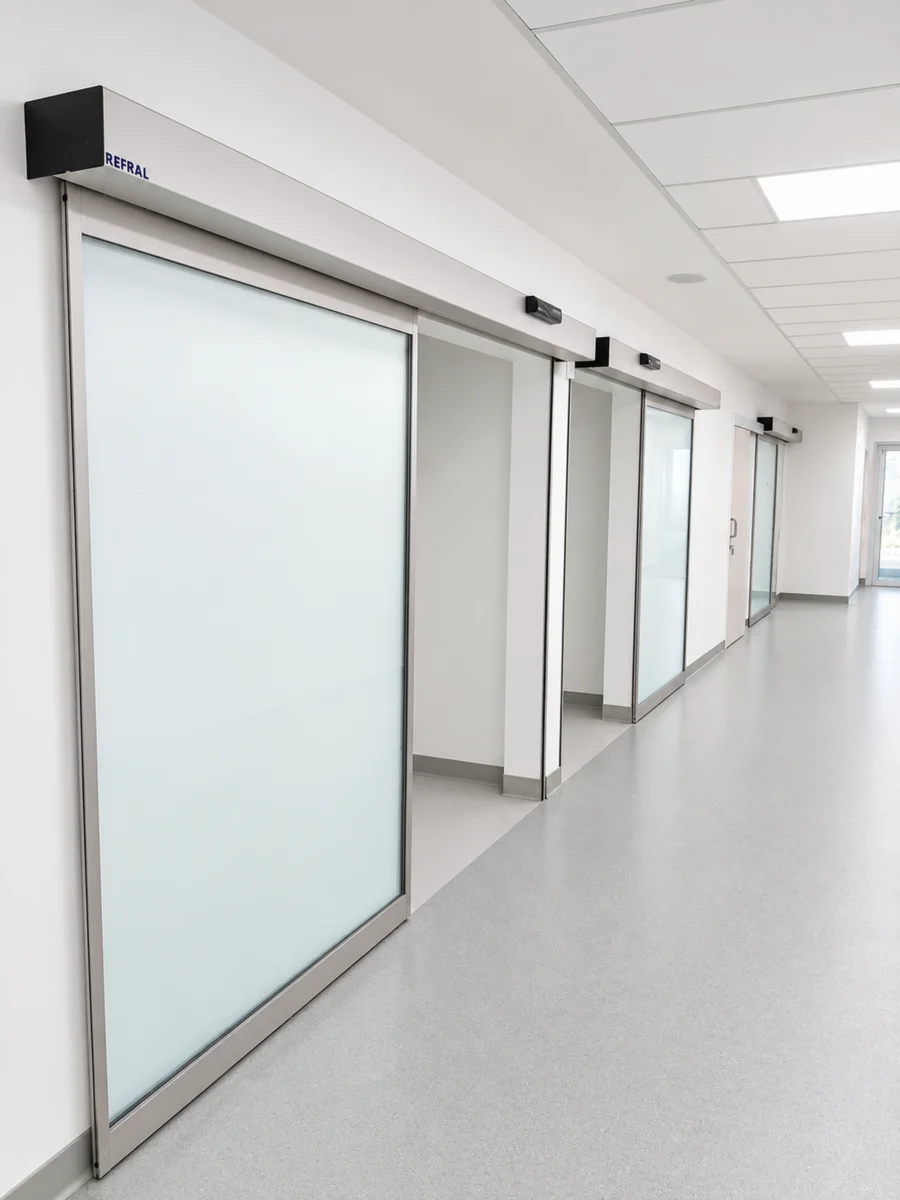 Portas automáticas deslizantes GU econoMaster com caixilho Refral RF-Light e vidro fosco num corredor de hospital