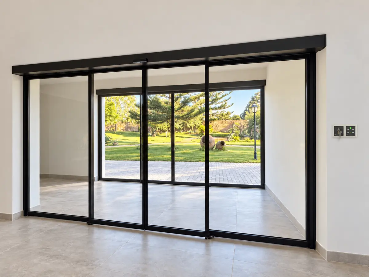 Porta automática deslizante GU econoMaster redundante de quatro folhas com caixilho Refral RF34, vista do interior da sala para o jardim de uma quinta de eventos
